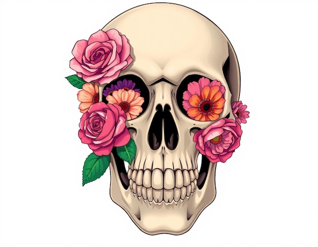 The skull image is decorated with various beautiful flowers