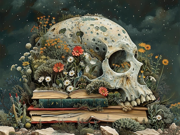 a skull is next to a book with flowers and a skull