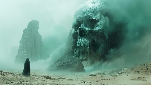 Photo a skull is buried in the sand and is covered in water