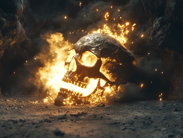 Photo a skull is burning in the desert with flames and a skull in the background