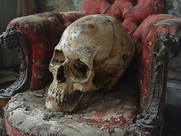 a skull is on a couch with a skull on the top