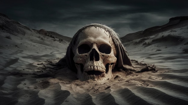 a skull is laying in the sand in the desert