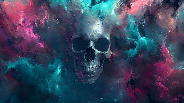 a skull is painted on a blue and purple background