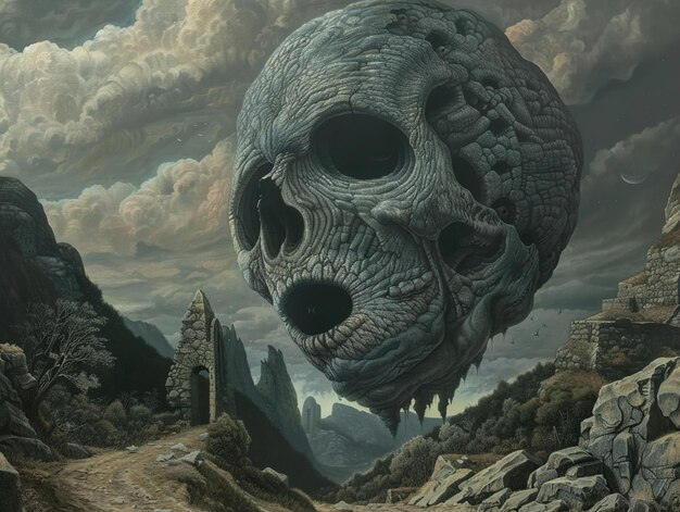 a skull is above a rock with a building in the background