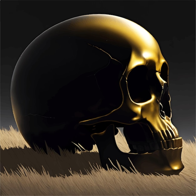 A skull is sitting on the ground with a black background