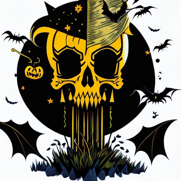 The skull is surrounded by bats and pumpkins