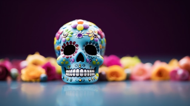 Photo a skull is surrounded by colorful flowers on a table ai