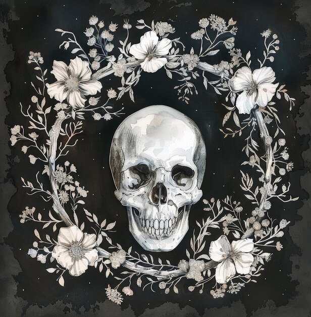 Photo a skull is surrounded by flowers and leaves