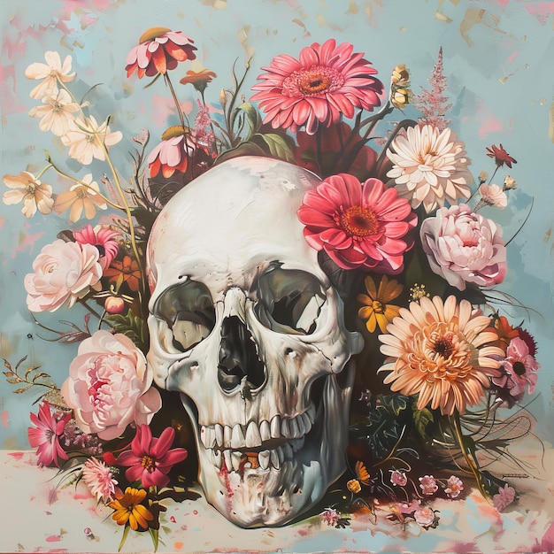 Photo a skull is surrounded by flowers and a skull with a skull in the middle