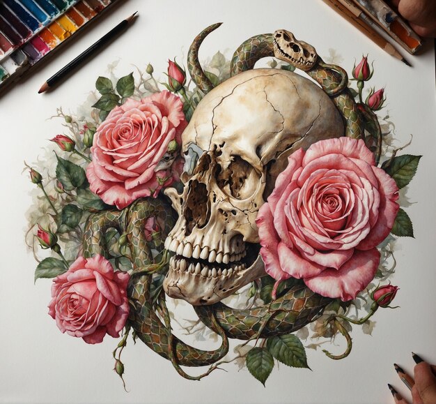 a skull is on a table with roses and a skull