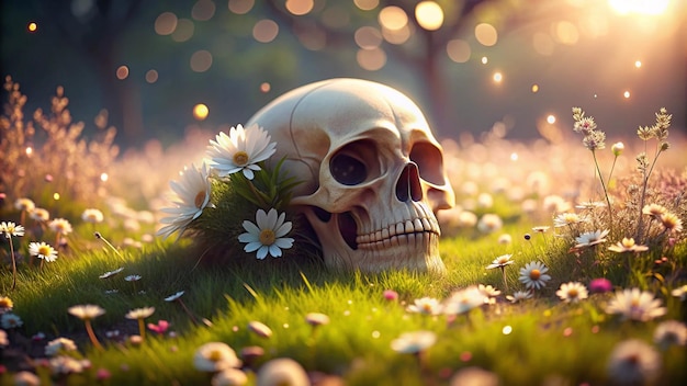 a skull laying in the grass with flowers in the background