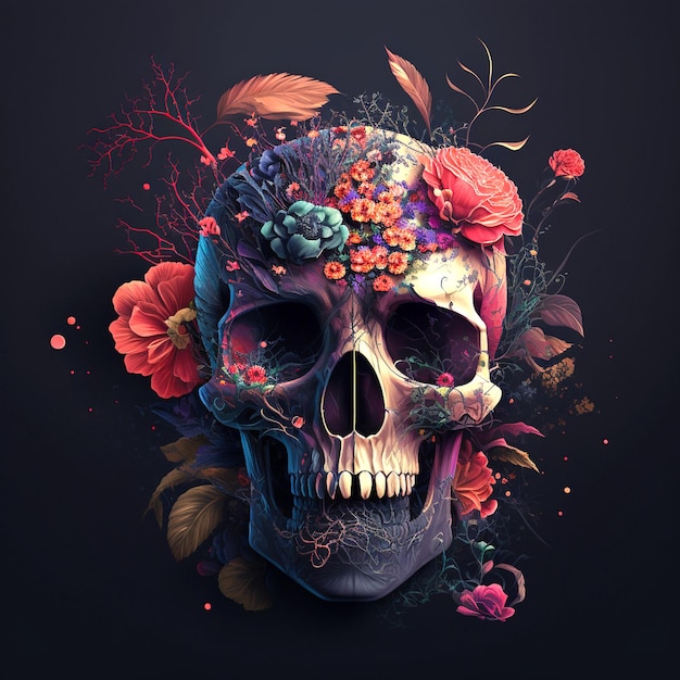 Skull Love and Flowers Day of The Dead