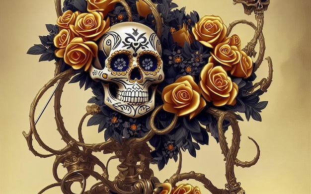 Skull made of gold with flowers and vines spooky background for day of the dead