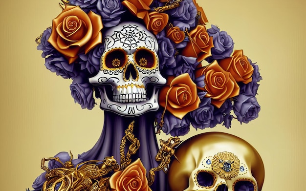 Skull made of gold with flowers and vines spooky background for day of the dead