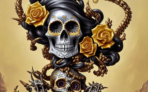 Skull made of gold with flowers and vines spooky background for day of the dead