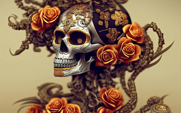 Skull made of gold with flowers and vines spooky background for day of the dead