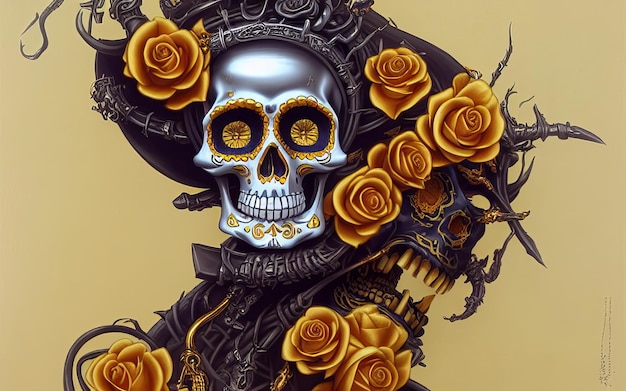 Skull made of gold with flowers and vines spooky background for day of the dead