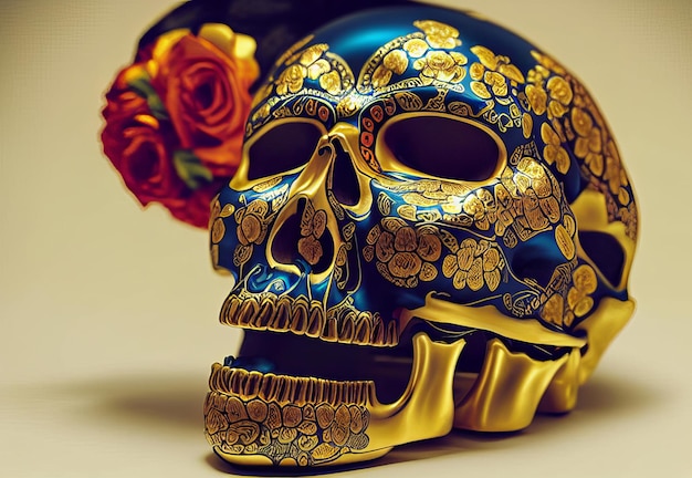 Skull made of gold with flowers and vines spooky background for day of the dead