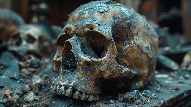 a skull of a man is displayed in a dark room