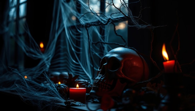 A skull and multiple candles on a windowsill