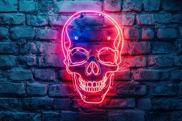 Photo skull neon glowing on dark wall