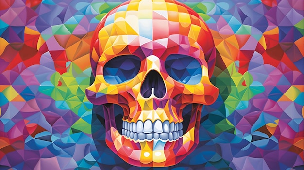 Skull oil painting by Okuda San Miguel Rainbow geometric architectures blend with organic shapes Pop Surrealism