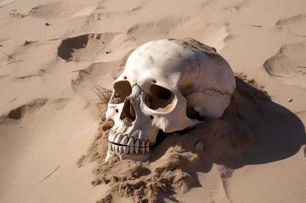 Skull of a person lying on the desert sand Generative AI