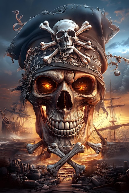 a skull and a pirate hat are on a poster with a ship in the background