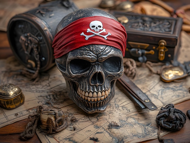 a skull and a pirate hat are on a table with other items