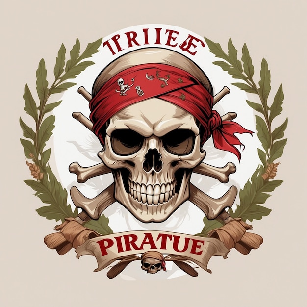 a skull and a pirate hat with a red bandana on it