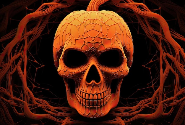 a skull and a pumpkin in a web shaped frame in the style of edgy political commentary