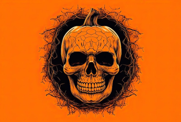 a skull and a pumpkin in a web shaped frame in the style of edgy political commentary