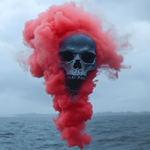 Photo a skull and red smoke is flying over the ocean