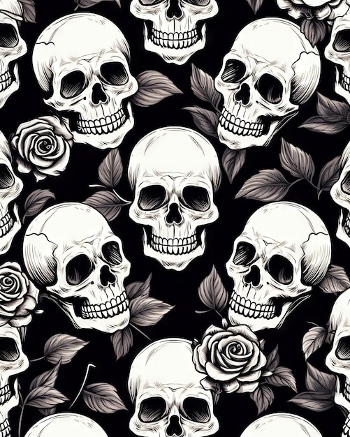 a skull and roses are on a black background