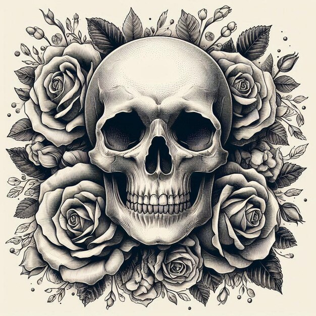 Photo a skull and roses are shown on a black and white background