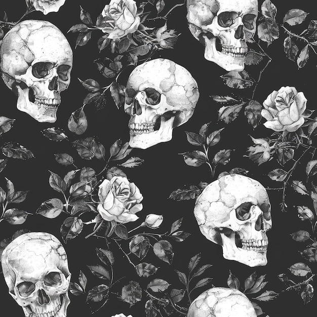 a skull and roses are shown with a black background