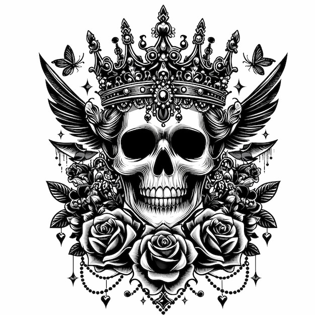 a skull and roses are on a skull and a crown