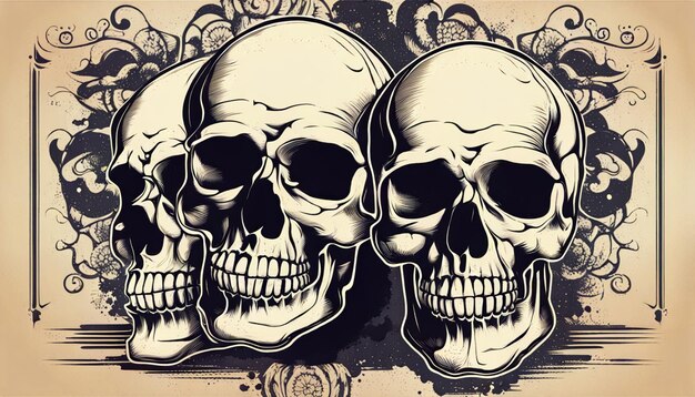 skull and roses are on a wall with a floral pattern