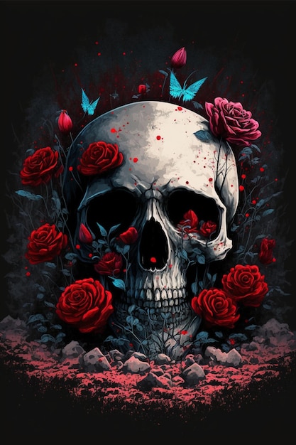 Skull and roses on a black background generative ai