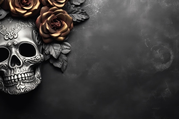 Skull and roses on black background Halloween concept Copy space