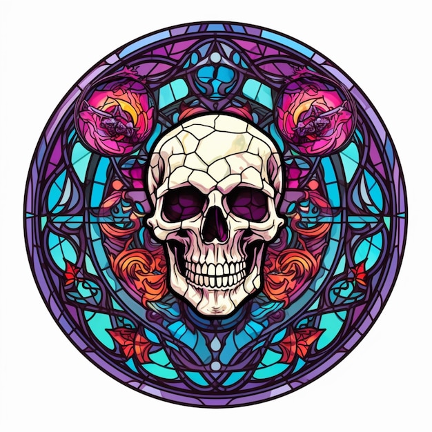 A skull and roses in a stained glass circle generative ai