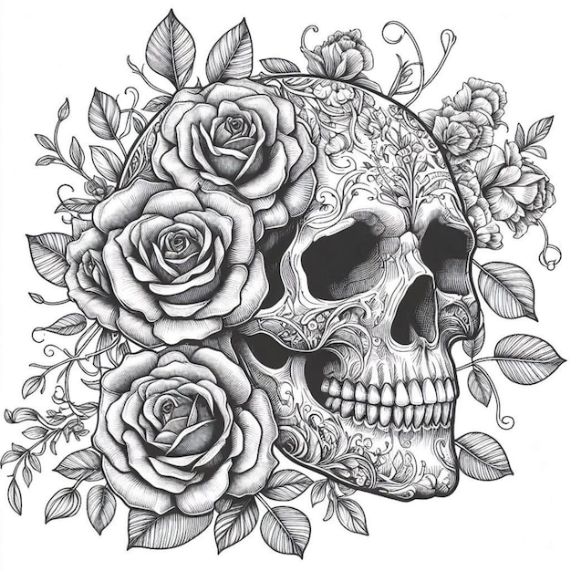 a skull and roses tattoo with a skull and leaves