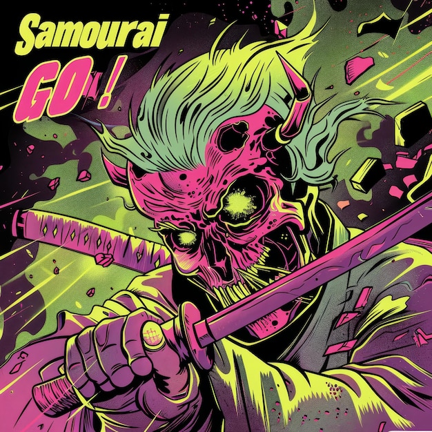 Skull of a samurai with a sword in his hand Vector illustration