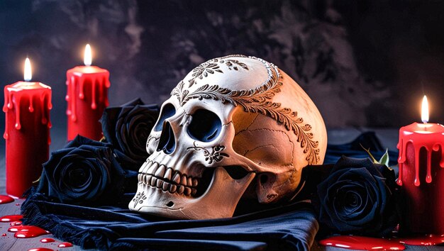 Photo a skull sits on a black cloth with a red ribbon in the background