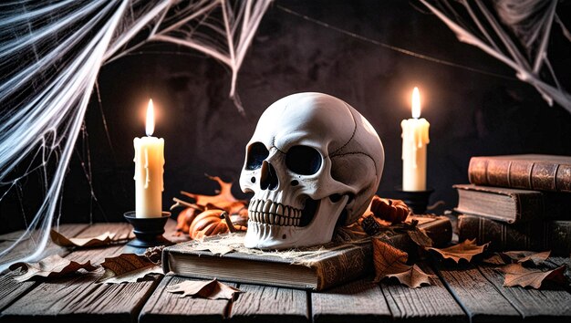 Photo a skull sits on a book with candles in the background