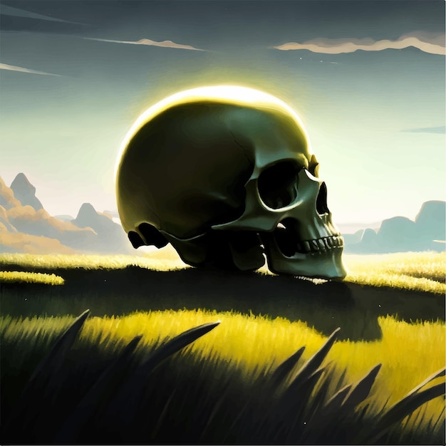 A skull sits in a field with a mountain in the background