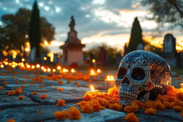 Photo a skull sits in front of a temple with a lit candle in the background