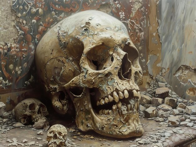 a skull sits on a pile of rubble and other objects