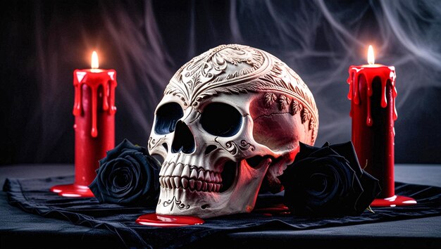 Photo a skull sits next to a red candle and a candle