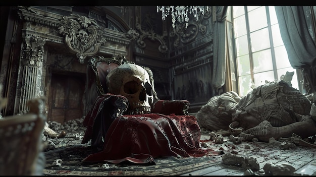 a skull sits on a red cloth in a room with a fireplace and a red cloth